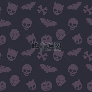 万圣节吸血鬼背景图片_万圣节模式, 黑暗无缝背景与头骨, 骨骼, 蝙蝠和吸血鬼