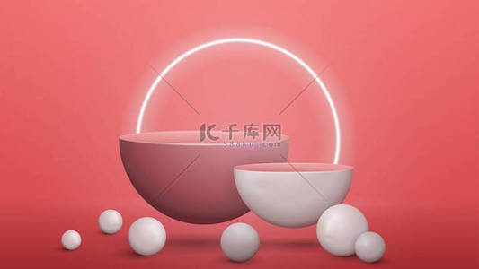 粉红的抽象场景与空的半圆形基座与现实的球体周围。产品展示的场景