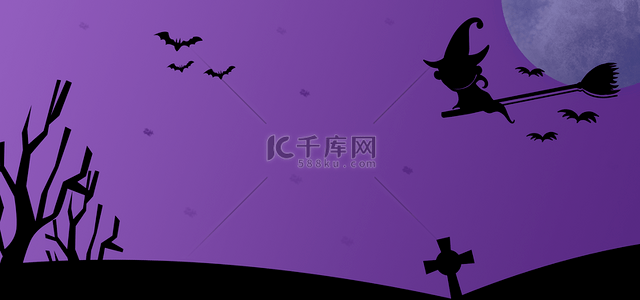 星星紫色月亮背景图片_骑着扫帚的女巫万圣节背景