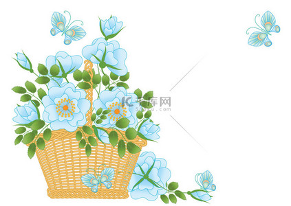 绿色蝴蝶背景背景图片_蓝玫瑰在一个篮子里