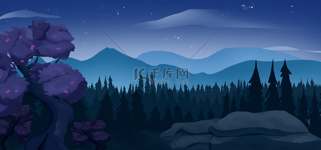 夜晚森林山脉卡通背景