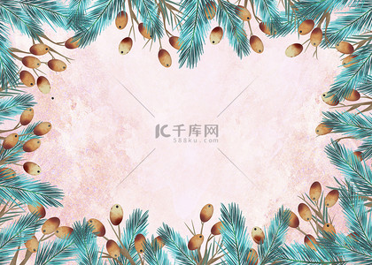 花卉新年背景图片_圣诞节水彩松枝边框背景