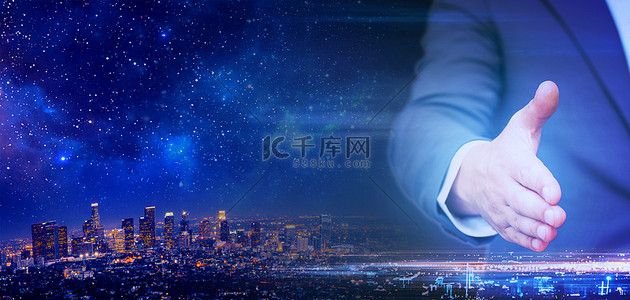 科技网络数据背景图片_商务科技合作握手蓝色大气数据海报背景