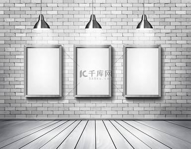 照片模板海报背景图片_白砖展示房聚光灯。矢量.