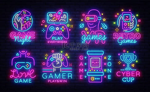 大集合视频游戏徽标矢量概念霓虹灯。电子游戏标志设计模板, 现代潮流设计, 明亮的矢量插图, 促销游戏, 轻横幅。向量