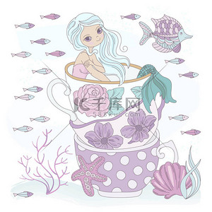 杯美人鱼海洋公主度假海水下卡通夏季热带旅游矢量插画设置印刷面料和装饰