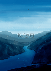 自然山川河流背景图片_日出山林蓝色背景