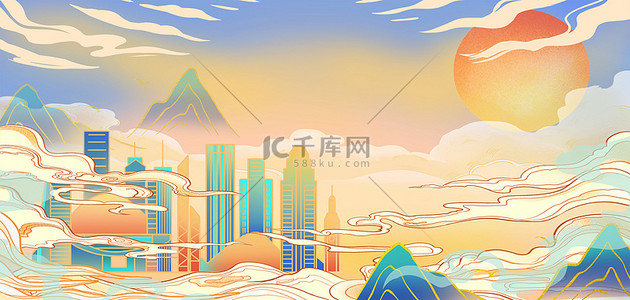 新中国风海报背景图片_中国风建筑群渐变国潮海报背景