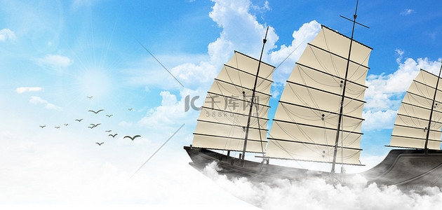 企业文化扬帆起航背景图片_扬帆帆船蓝色简约背景