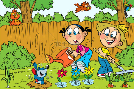 卡通夏天儿童背景图片_儿童工作在花园里