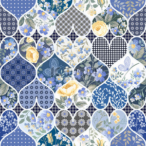 蓝色植物花卉背景图片_无缝拼接图案带着玫瑰和蓝色的蝴蝶
