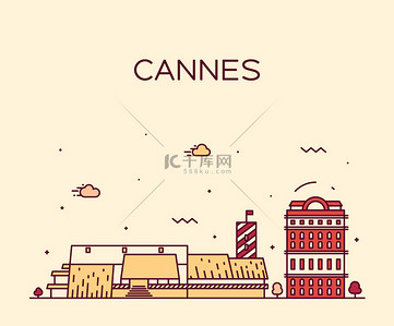 欧洲建筑剪影背景图片_Cannes skyline trendy vector illustration linear
