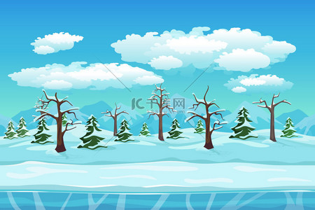 Cartoon winter landscape with ice, snow and cloudy sky. Seamless vector nature background for games