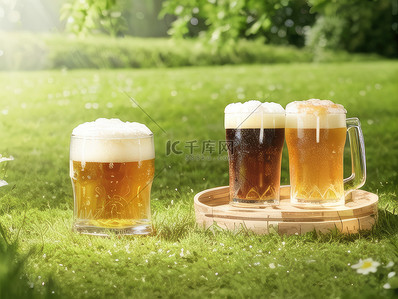 夏季啤酒草地特写阳光高清