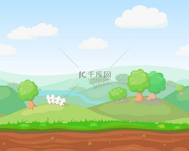 天空背景图片_Cartoon cute  country seamless horizontal landscape, nature vector
