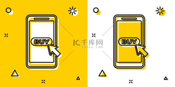 黑色手机和购物车图标隔离在黄色和白色背景。网上购买符号。超市购物篮符号。随机动态形状。矢量插图
