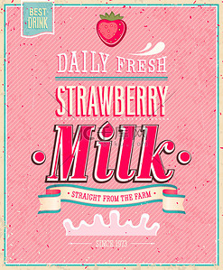 书卡片背景图片_复古草莓牛奶海报。矢量插画.