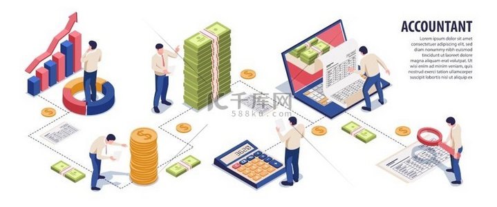 会计等距信息图流程图分析财务文件利润增长与计算器笔记本电脑放大镜硬币纸币矢量图