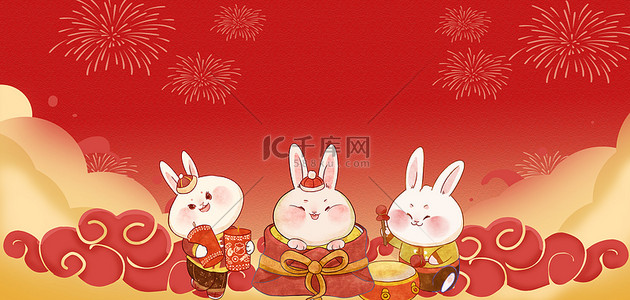 烟花卡通背景图片_新年兔年兔子烟花红色背景