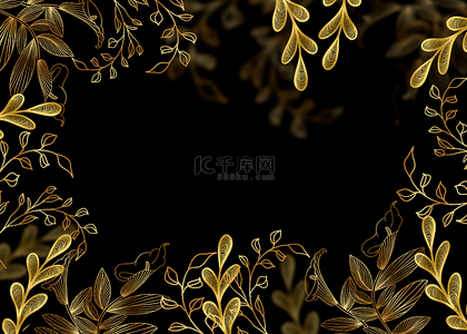 黄色叶子线稿背景图片_镂空创意叶片金色线稿植物背景