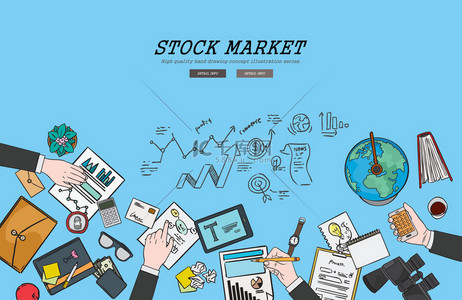 商务集合背景图片_绘制平面设计插图股票市场概念。为 web 横幅和宣传材料的概念.
