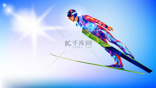 一个年轻男子滑雪的多边形五颜六色的身影, 在白色和蓝色的背景下跳跃。二十三年式冬季运动会几何三角形中的矢量插图蓝色背景