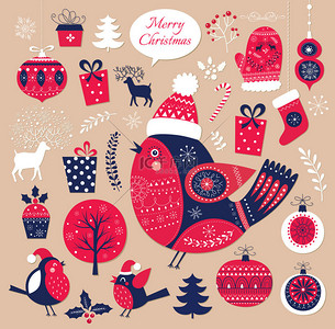 邀请函背景红色背景图片_圣诞套鸟、 礼物和装饰