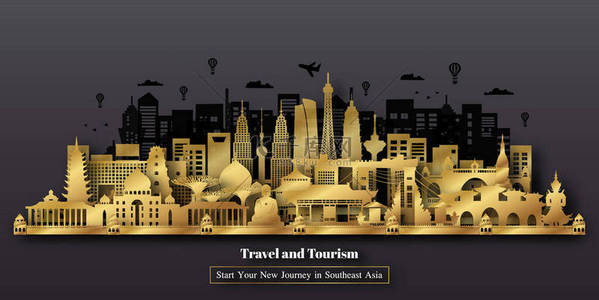 亚洲地标旅游明信片、海报、世界著名地标旅游广告.矢量图解