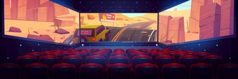 电影院，带三边全景屏幕和一排排红色座椅的电影院。