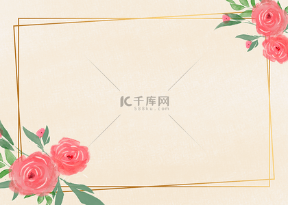 卡通粉色婚礼背景图片_花卉金线边框红色玫瑰质感背景