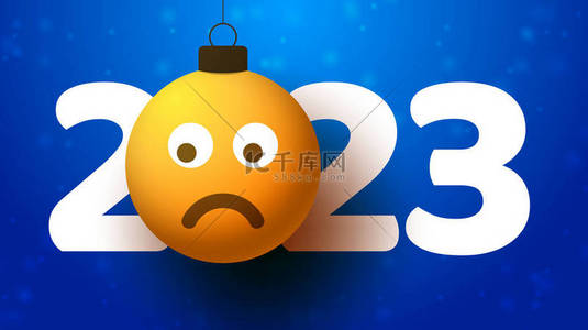 2023年新年贺卡，脸上挂着哀伤的表情，像圣诞节玩具、球或易碎玩具一样挂在线上。新年情绪概念矢量图解