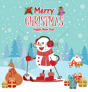 可爱卡通活动海报背景图片_老式圣诞节海报设计与雪人
