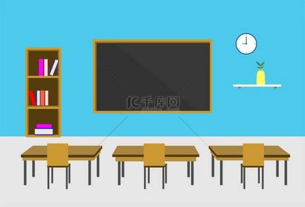 矢量桌子桌子背景图片_用黑板,桌子和椅子元素描述学校教室内部矢量
