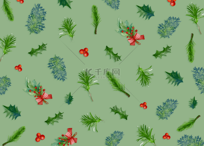 平铺传统背景图片_绿色植物圣诞节平铺背景