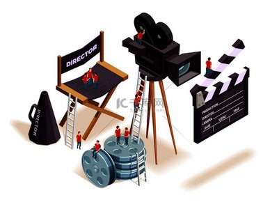 等距影院构图小人物爬上电影拍摄设备导演座位矢量插图等距影院元素概念