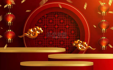 2023中秋节背景图片_3D中秋节、中秋节、红剪纸、扇子、花卉及亚洲元素，背景为工艺风格.