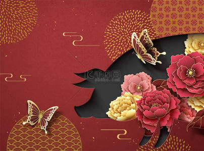 农历年画设计与纸艺术牡丹花和蝴蝶与小猪形状背景