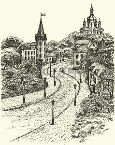 矢量的城市景观。教堂和城堡在基辅的安德鲁后裔