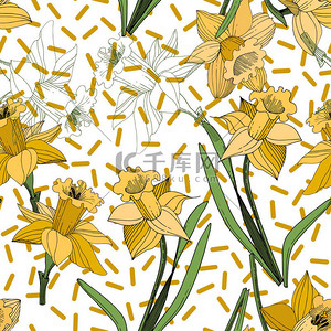 向量黄色水仙花植物花。野生春叶野花分离。雕刻的艺术。无缝的背景模式。织物壁纸打印纹理.