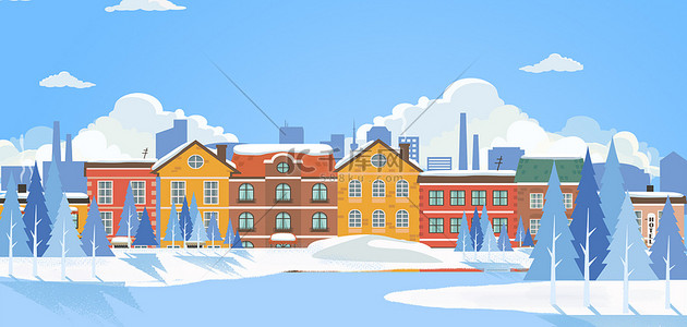 小雪背景图片_冬天各种形象蓝色卡通建筑