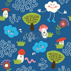 可爱蓝色底纹背景图片_与可爱的 muchrooms、 云层和树木的无缝模式