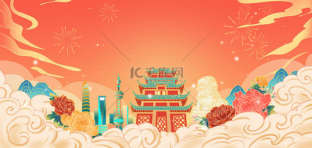 婚礼中式路引背景图片_国庆节祥云建筑中国风海报背景