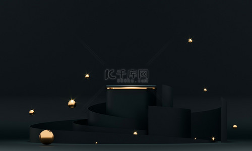 三维渲染带有金元素的黑色讲台几何。产品演示台空白.最小场景圆形台阶抽象构图.空陈列柜，基座平台陈列柜.