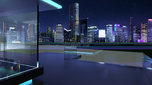 3d. 夜间城市天际线现代玻璃阳台的渲染.