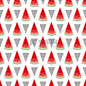 red背景图片_Seamless background with red watermelon slices and geometric shapes - triangles.