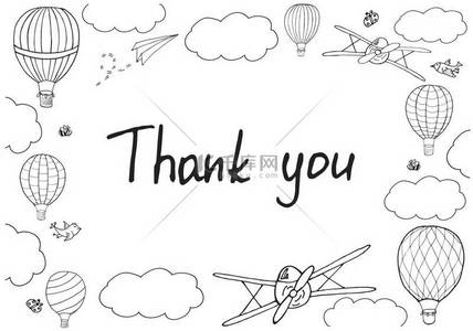 原创手写体背景图片_矢量插图, 手写的字 ' 谢谢你 ' 在手画框架。卡通风格的轮廓。用于海报、卡片、明信片、印刷品和其他设计的图层的可编辑模板