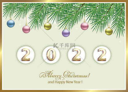 圣诞快乐，2022年新年快乐带着圣诞树枝条的横幅，五彩缤纷的灌木，浅色背景，金色的编号2022 。矢量图解。寒假模板设计、卡片、传单