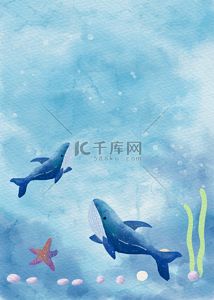 鲸水彩背景图片_海洋生物水彩浅蓝色背景