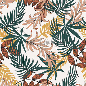 白summer背景图片_Seamless exotic pattern with tropical leaves in bright colors