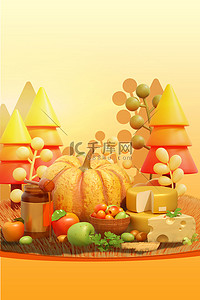 秋天背景图片_秋天3D食物暖黄立体背景